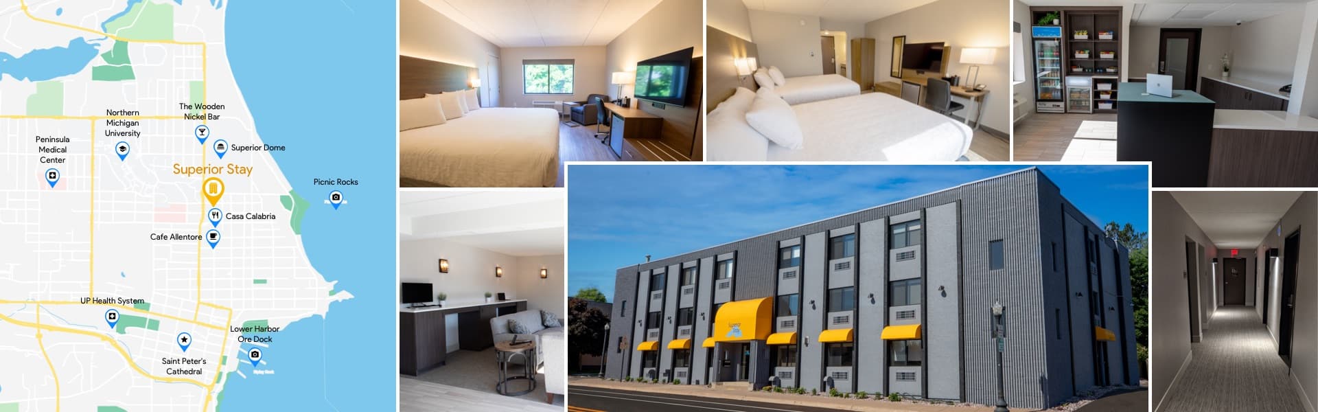 Superior Stay Hotel — Marquette location map, guest rooms, exterior, and hallway